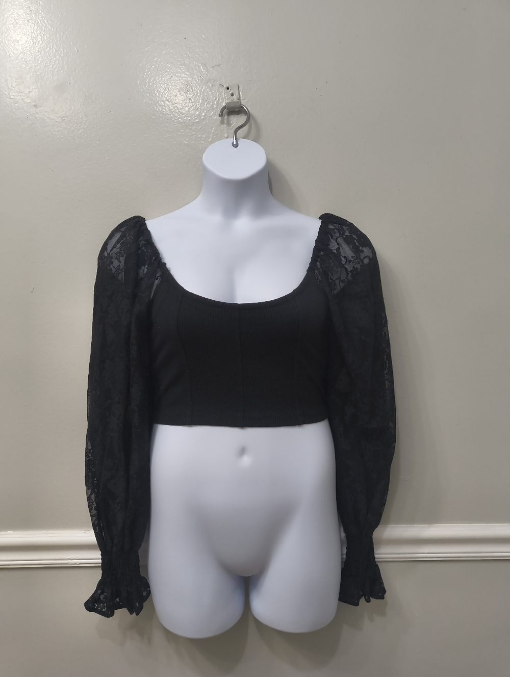 Urban Outfitters Cynthia Lace Long Sleeve Cropped Top Black L Gothic Whimsigoth